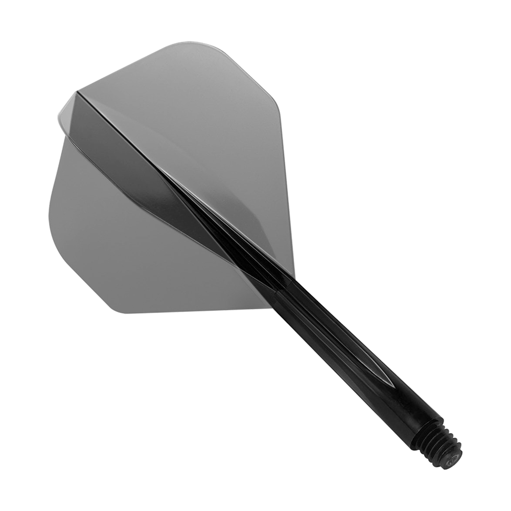 Das Bild zeigt das Produkt „Condor Zero-Stress Clear Black Flight System Standard“. Es handelt sich um ein schwarzes Dartflight-System mit integriertem Schaft.
